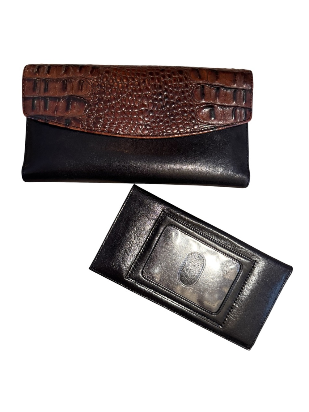 Brahmin Two-Tone Leather Tri-Fold Checkbook Wallet VTG Brown Croc Embossed Flap